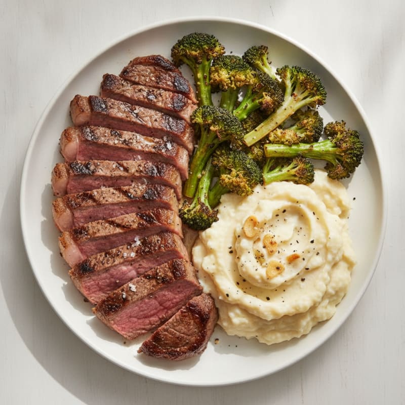 Grilled Steak with Roasted Broccoli and Garlic Mashed Cauliflower