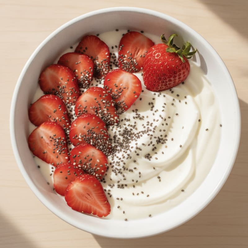 Vanilla Greek Yogurt with Fresh Strawberries and Chia Seeds