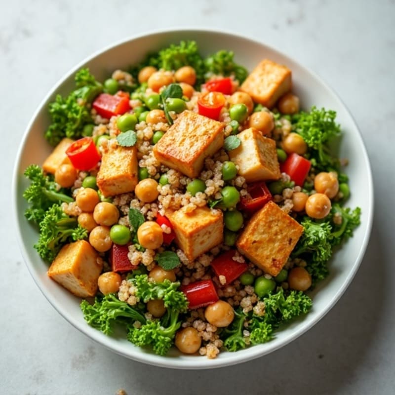 Crispy Tofu and Quinoa Power Salad with Roasted Chickpeas