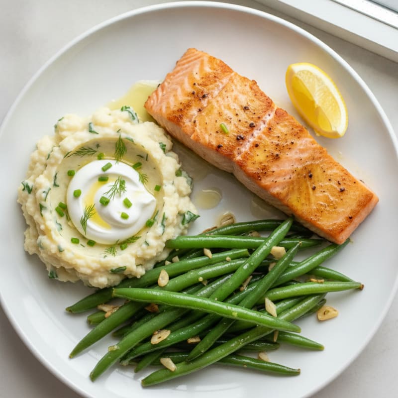 Seared Salmon Fillet with Garlic Green Beans and Herb Cauliflower Mash