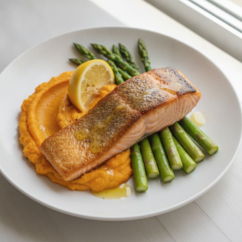 Seared Salmon with Steamed Asparagus and Sweet Potato Mash