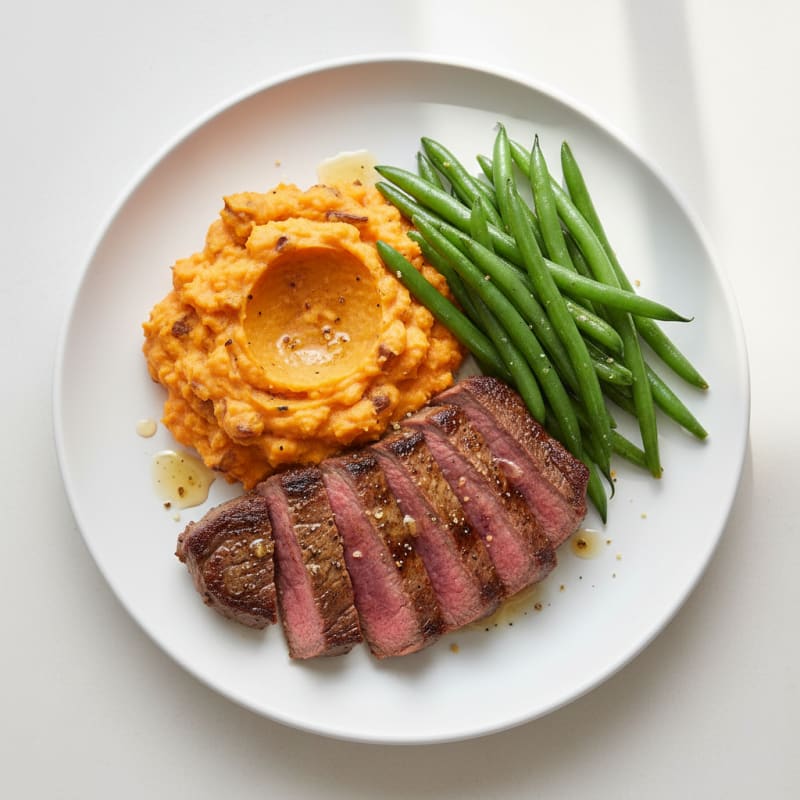 Seared Lean Beef with Steamed Green Beans and Sweet Potato Mash