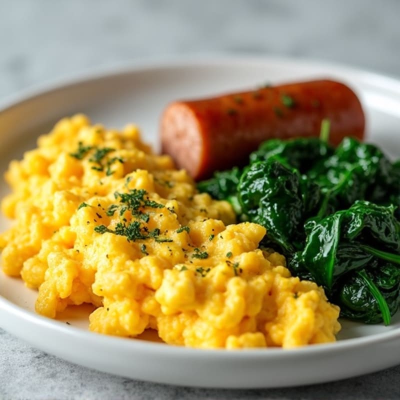 Fluffy Scrambled Eggs with Sautéed Spinach and Lean Turkey Sausage