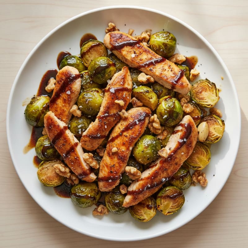 Balsamic-Glazed Brussels Sprouts with Toasted Walnuts and Chicken