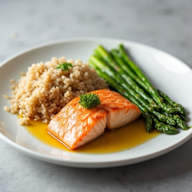 Seared Salmon Fillet with Steamed Asparagus and Brown Rice