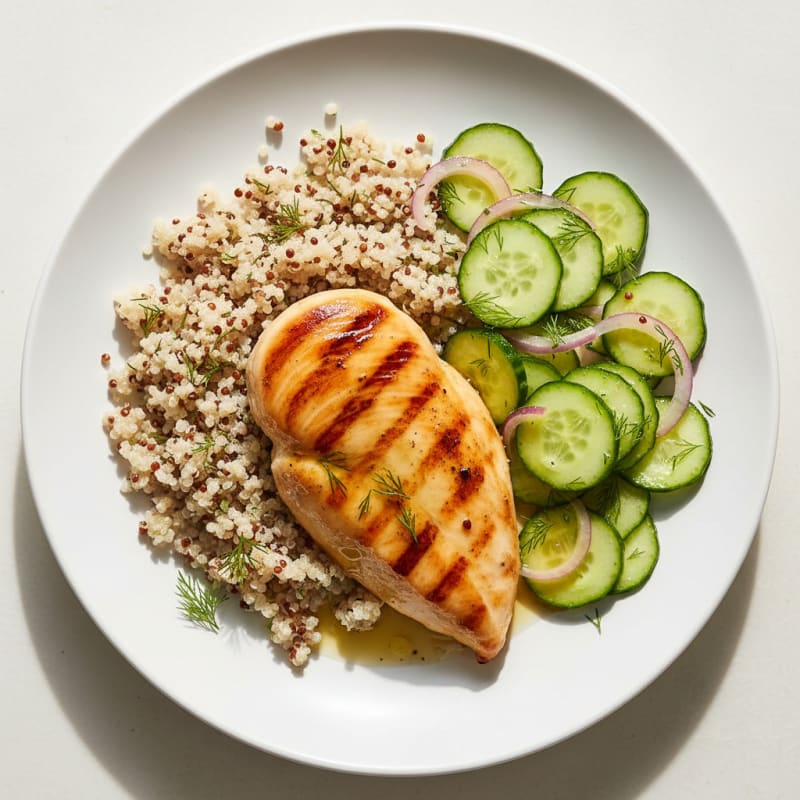 Grilled Chicken Breast with Quinoa and Crunchy Cucumber Salad