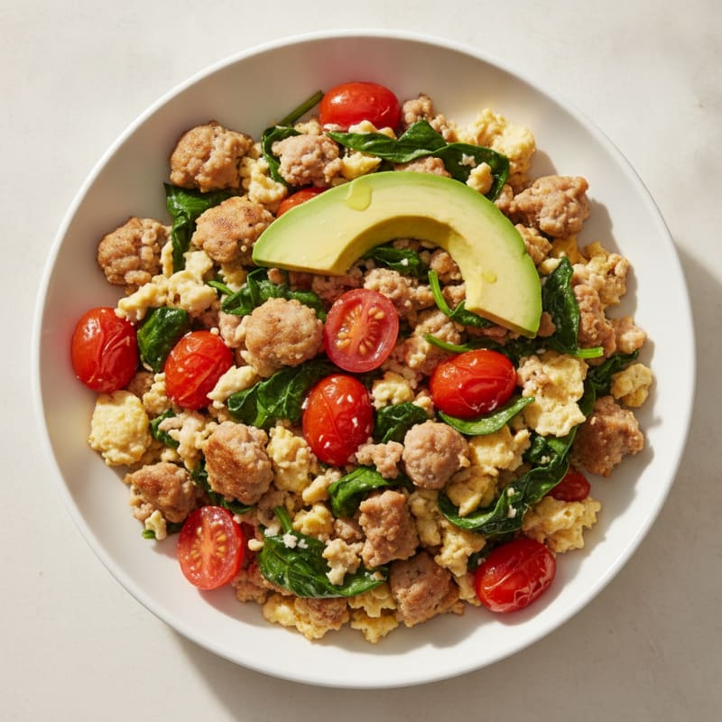 Egg White and Turkey Sausage Scramble with Spinach and Cherry Tomatoes