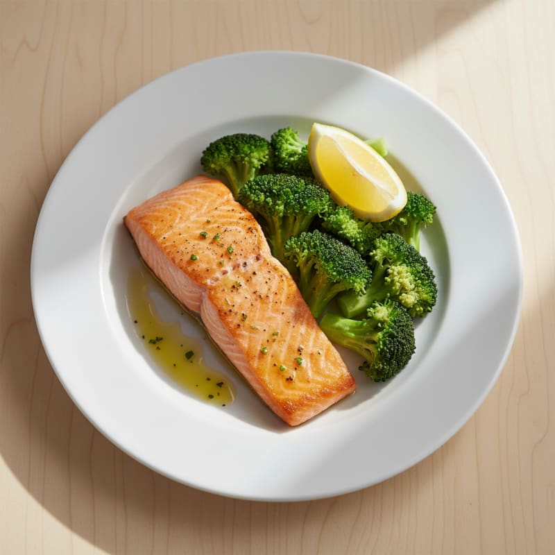 Seared Salmon with Steamed Broccoli and Lemon