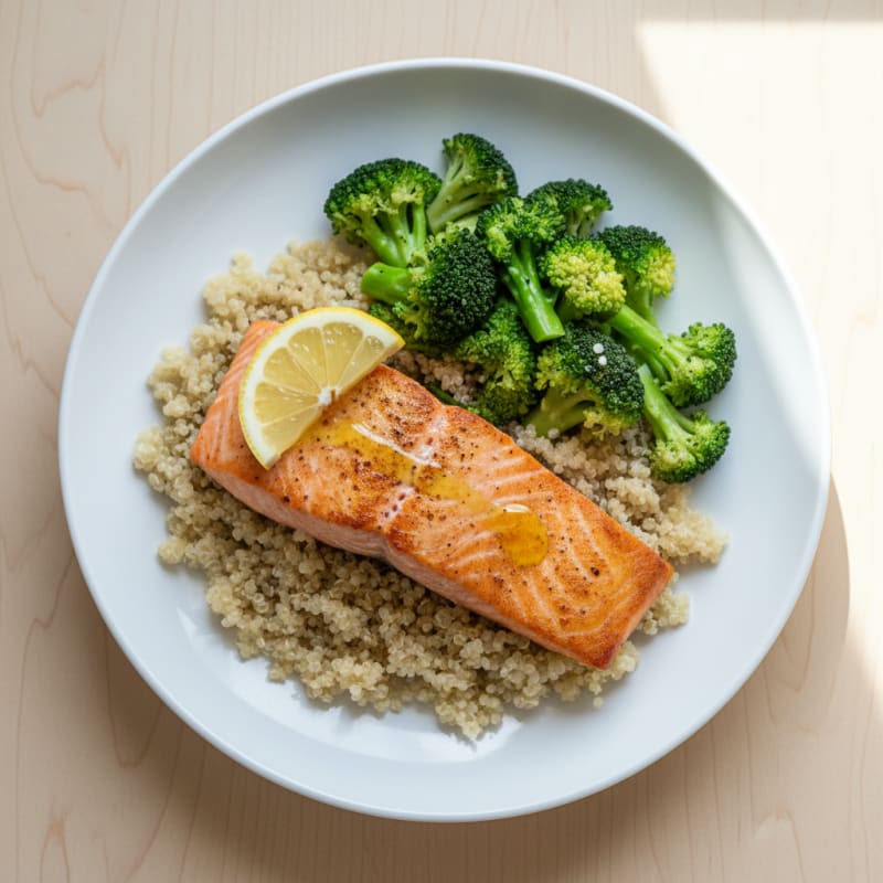 Seared Salmon Fillet with Steamed Broccoli and Quinoa