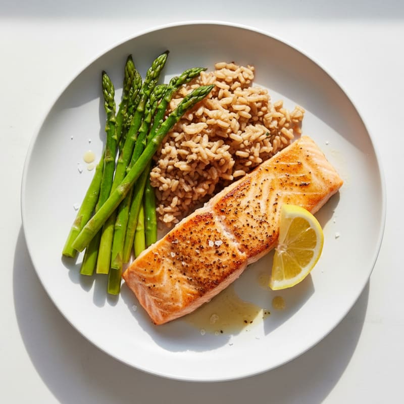 Seared Salmon with Steamed Asparagus and Brown Rice