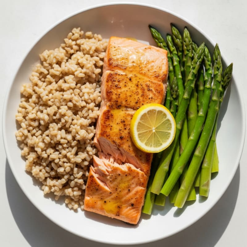 Seared Salmon with Steamed Asparagus and Brown Rice
