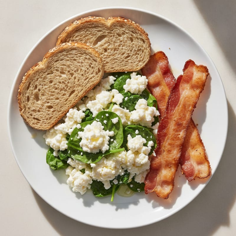 Cottage Cheese Egg White Scramble with Spinach and Turkey Bacon