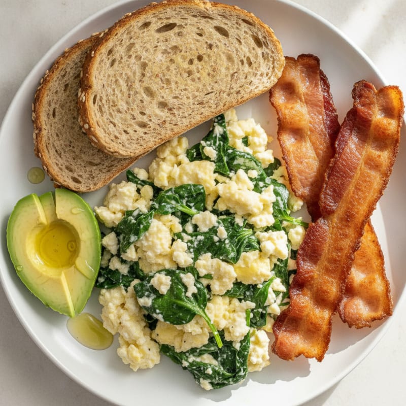 Cottage Cheese Scramble with Spinach and Turkey Bacon