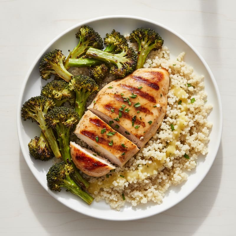 Grilled Lemon Herb Chicken Breast with Quinoa and Roasted Broccoli
