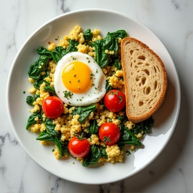Cottage Cheese Egg Scramble with Spinach and Cherry Tomatoes