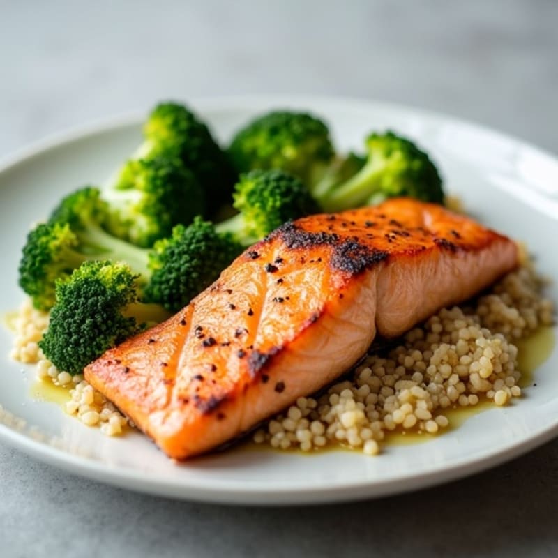 Seared Salmon Filet with Steamed Broccoli and Quinoa