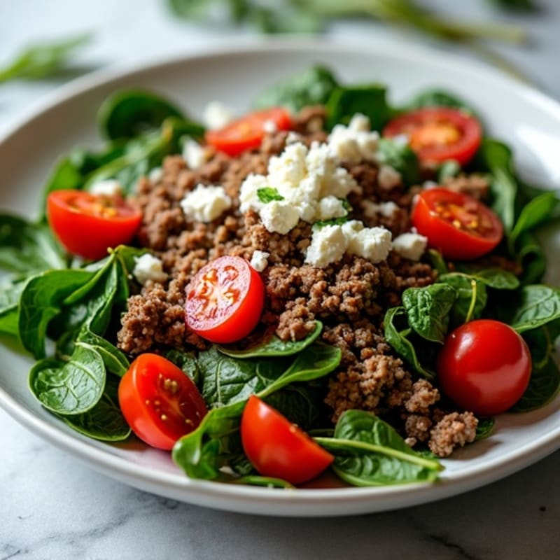 Savory Ground Beef Skillet with Wilted Spinach, Burst Tomatoes, and Crumbled Feta