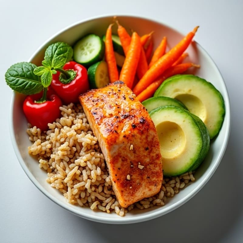 Ginger-Sesame Salmon Brown Rice Bowl with Crisp Vegetables and Creamy Avocado