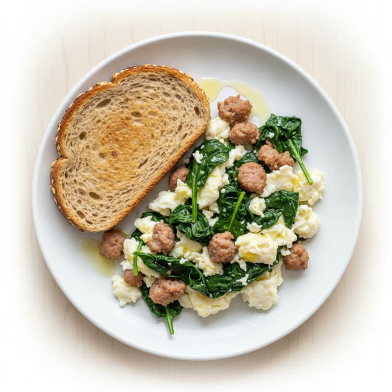 Scrambled Egg Whites with Turkey Sausage and Sautéed Spinach