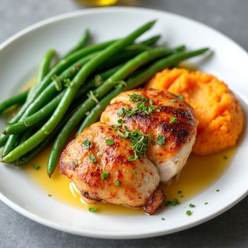 Seared Turkey Breast with Steamed Green Beans and Sweet Potato Mash