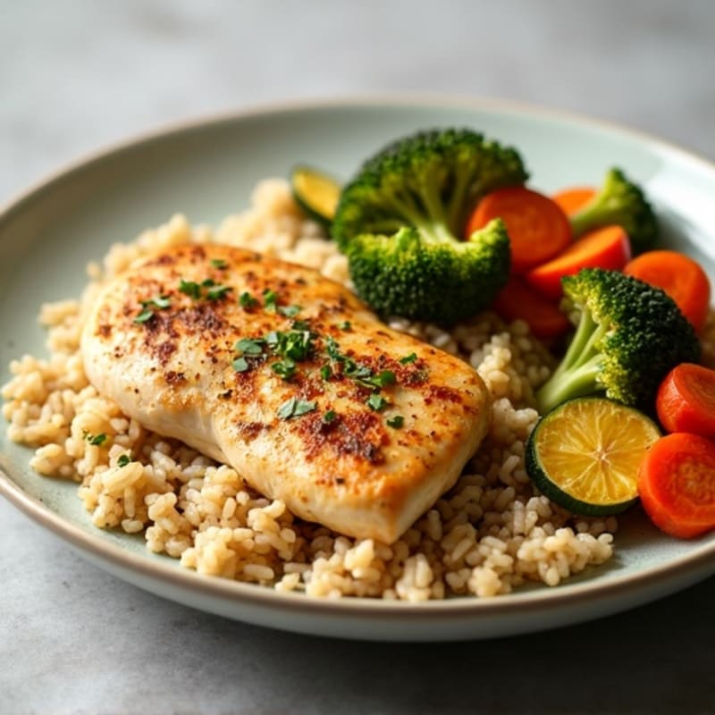 Herb-Roasted Chicken Breast with Fluffy Brown Rice and Crispy Roasted Vegetables