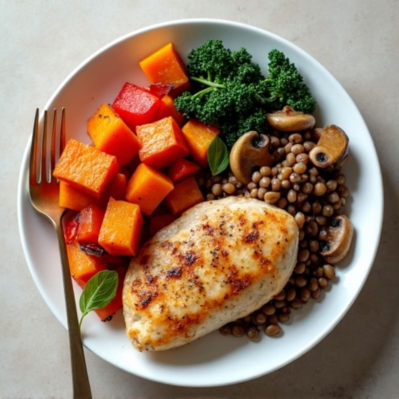 Pan-Seared Chicken Breast with Roasted Sweet Potatoes, Bell Peppers, and Hearty Lentil, Kale, Mushroom Sauté