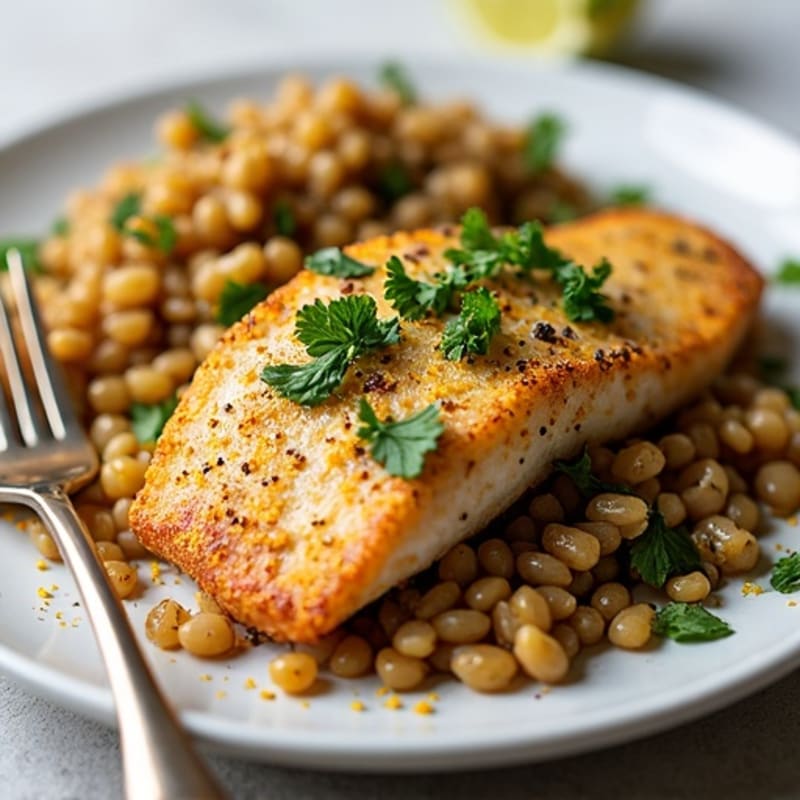 Herb-Crusted Rockfish with Lemon Garlic Rice and Spiced Lentils