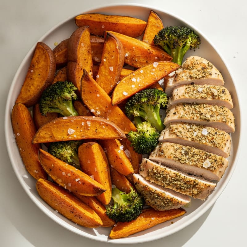 Roasted Sweet Potato Wedges with Herb-Crusted Chicken