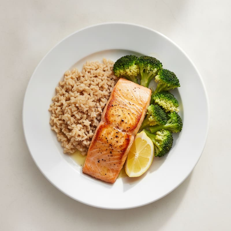 Seared Salmon with Steamed Broccoli and Brown Rice
