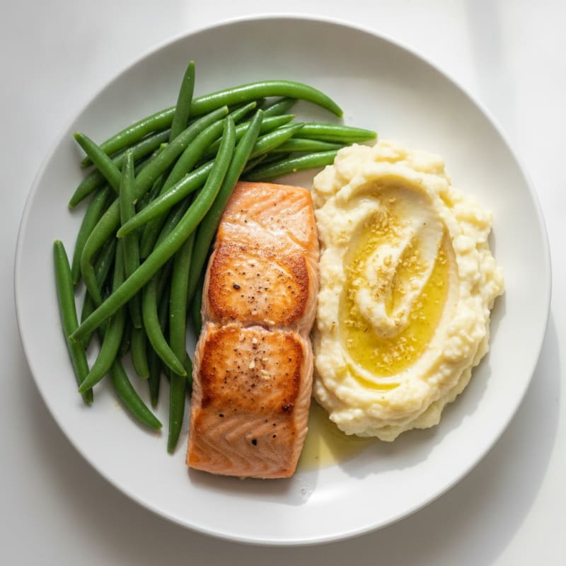Seared Salmon with Steamed Green Beans and Garlic Mashed Cauliflower