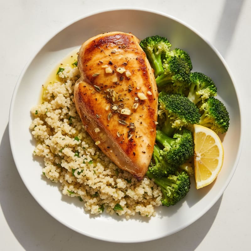 Herb-Roasted Chicken Breast with Quinoa and Steamed Broccoli