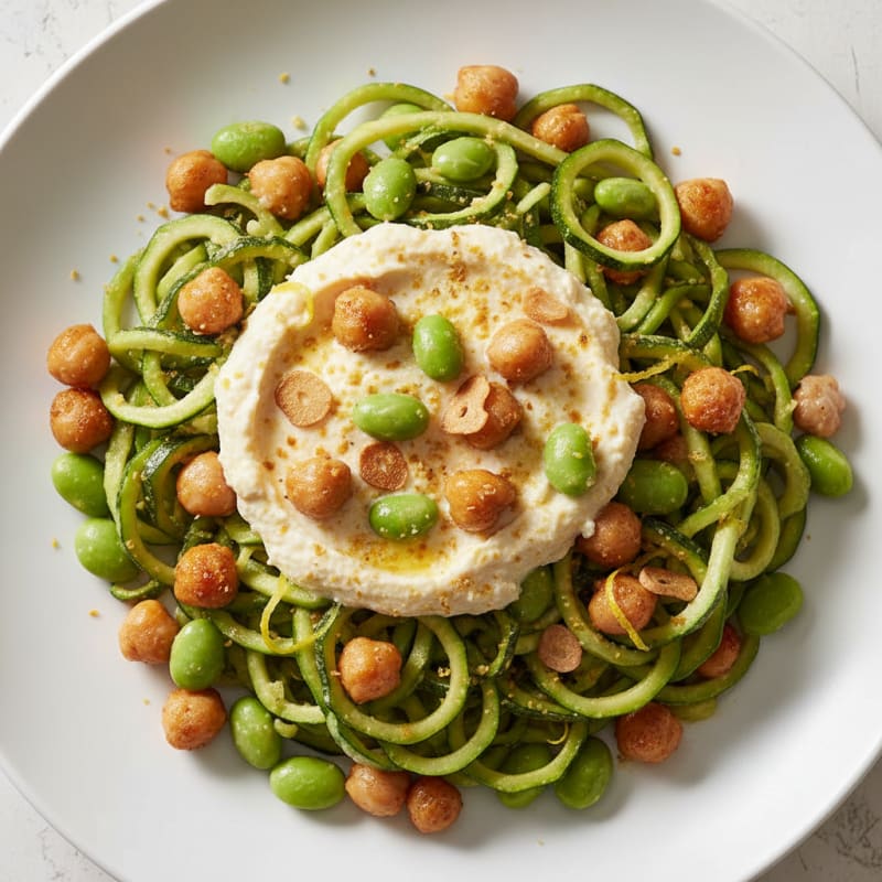 Creamy Chickpea and Edamame Stir Fry with Zucchini Noodles