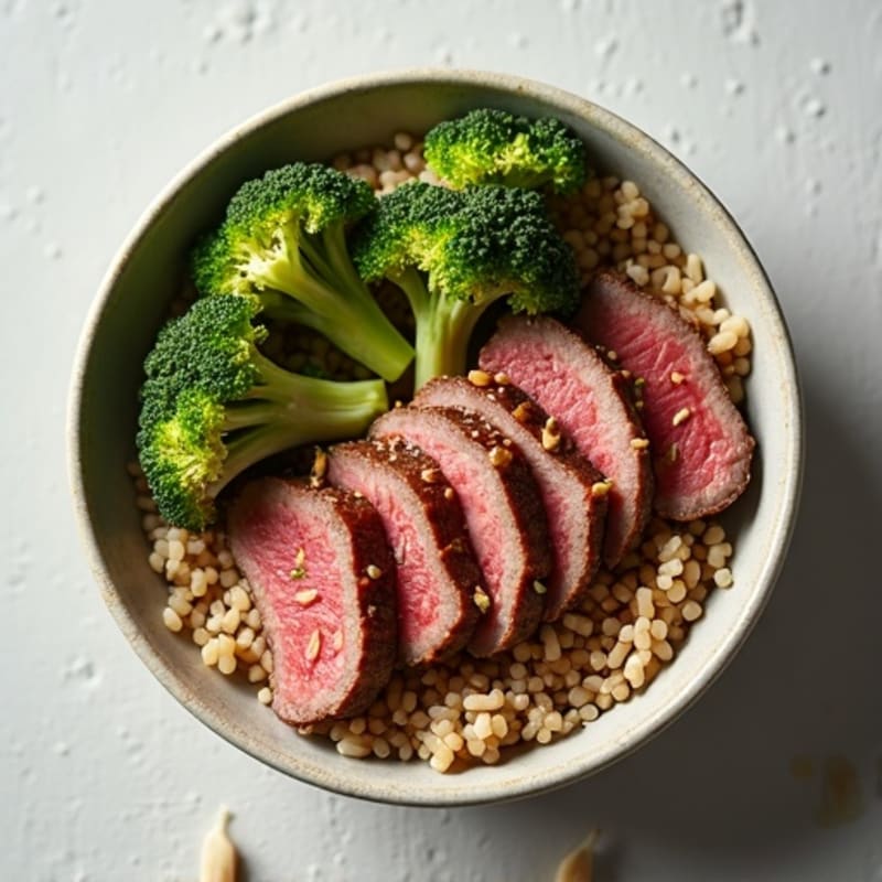 Garlic Ginger Beef with Roasted Broccoli Rice Bowl