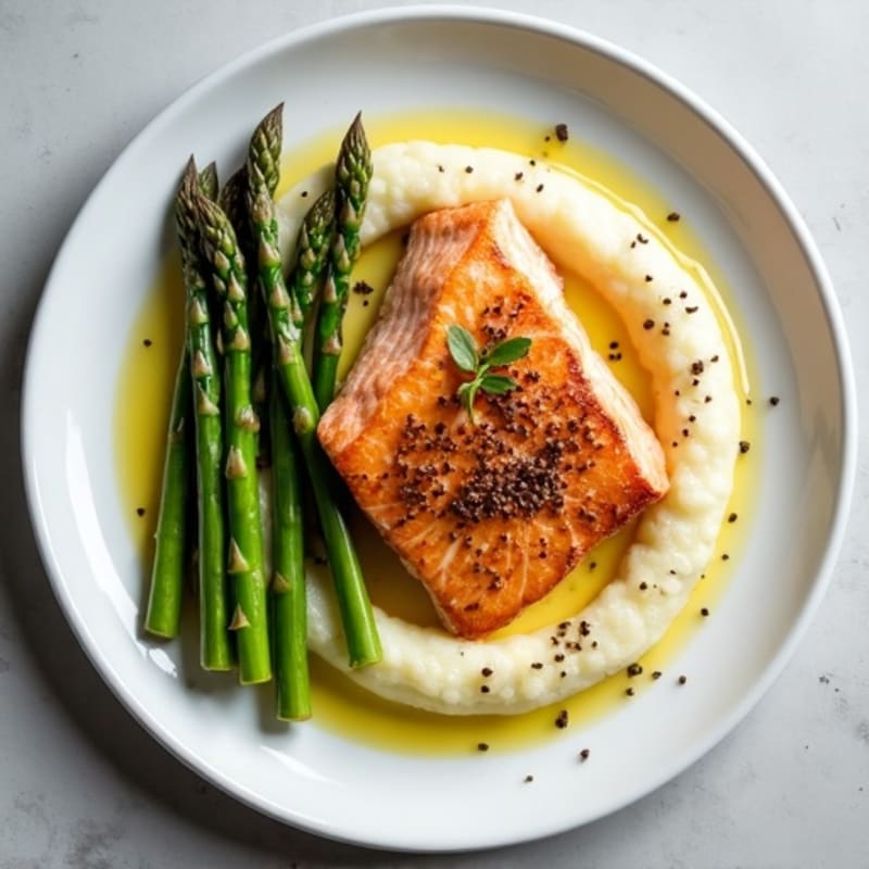Seared Salmon with Steamed Asparagus and Cauliflower Mash