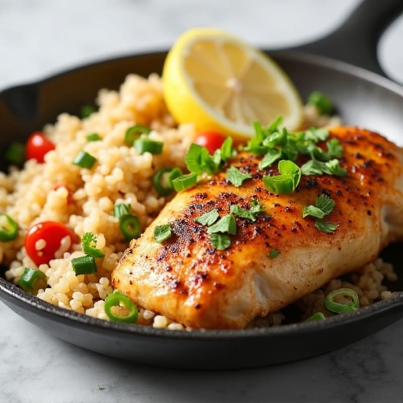 Pan-Seared Lemon Herb Chicken with Fluffy Vegetable Rice Pilaf
