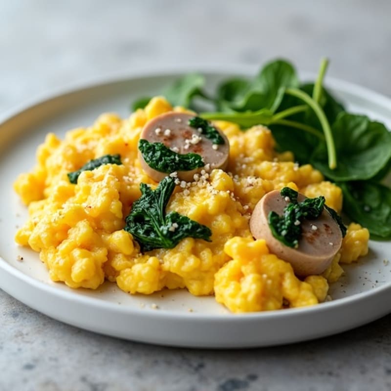 Egg White Scramble with Turkey Sausage and Sautéed Spinach