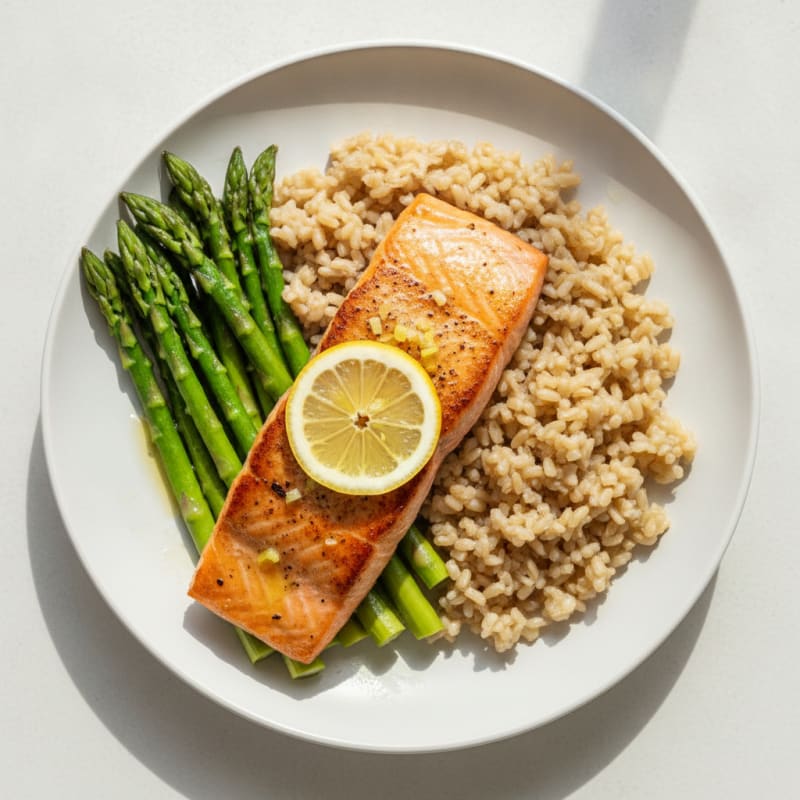 Seared Salmon with Steamed Asparagus and Brown Rice
