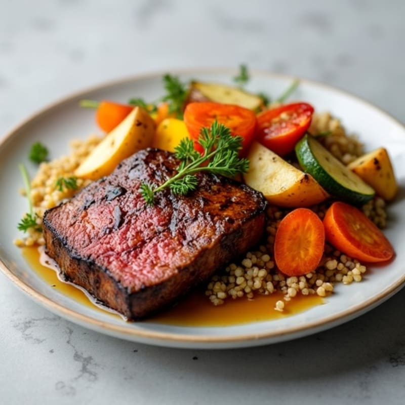 Seared Sirloin Steak with Roasted Vegetables, Quinoa, and Apple Salad