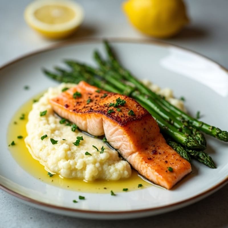 Seared Salmon with Asparagus and Garlic Mashed Cauliflower