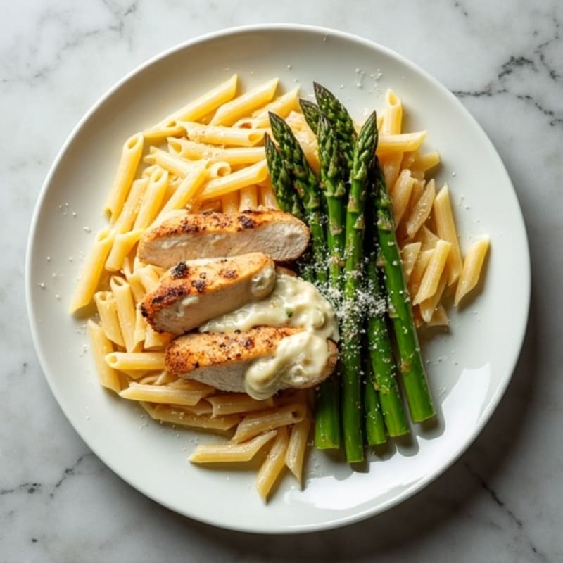 Creamy Garlic Chicken Pasta with Roasted Asparagus
