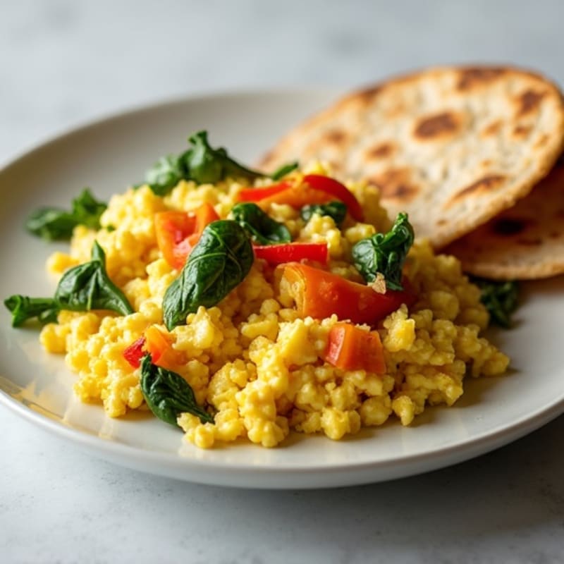Cottage Cheese Scramble with Sautéed Vegetables and Toasted Tortilla