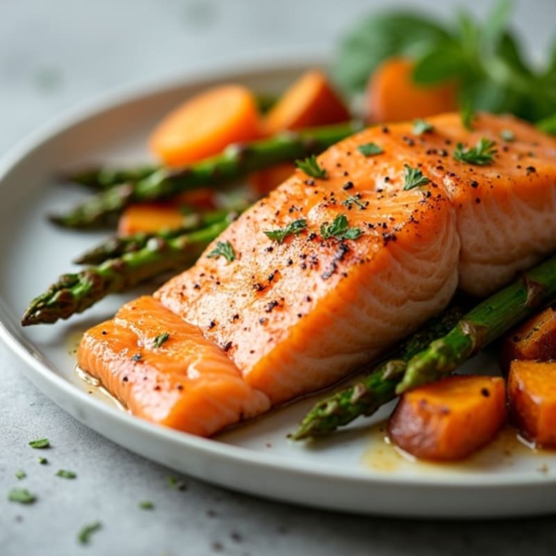 Seared Salmon with Roasted Sweet Potato and Asparagus