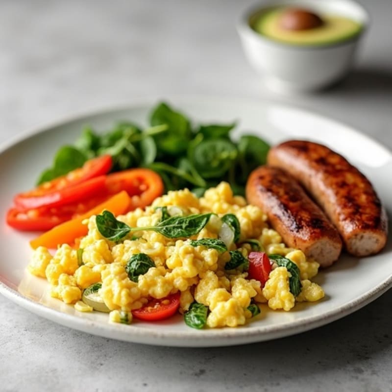 Egg White Veggie Scramble with Seared Turkey Sausage