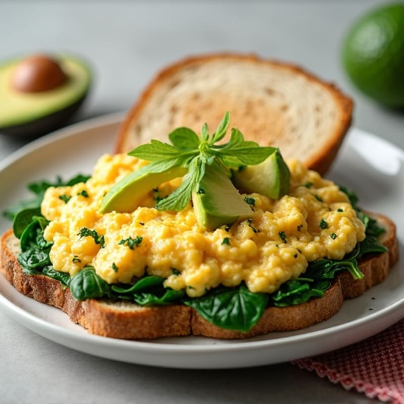 Scrambled Egg Whites with Sautéed Spinach, Grilled Chicken & Avocado Salad Toast