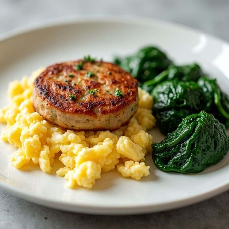 Egg White and Turkey Sausage Scramble with Cottage Cheese and Sautéed Spinach