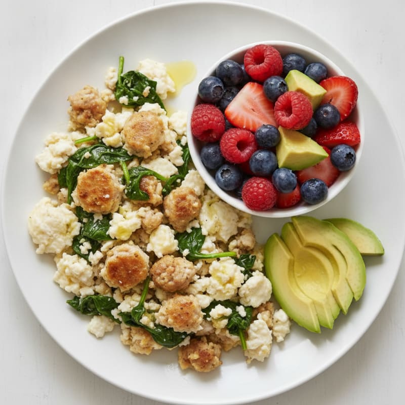 Egg White and Chicken Sausage Scramble with Fresh Berries