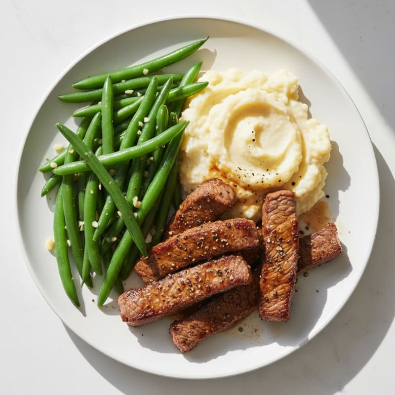 Seared Lean Beef Strips with Steamed Green Beans and Cauliflower Mash