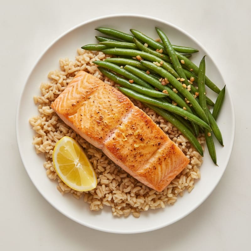 Seared Salmon with Garlic Green Beans and Brown Rice