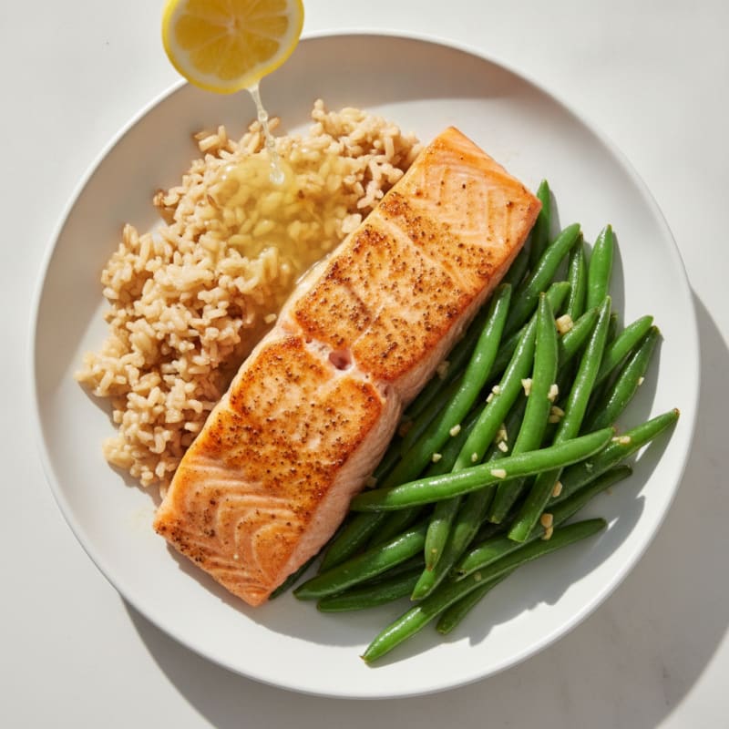 Seared Salmon with Garlic Green Beans and Brown Rice