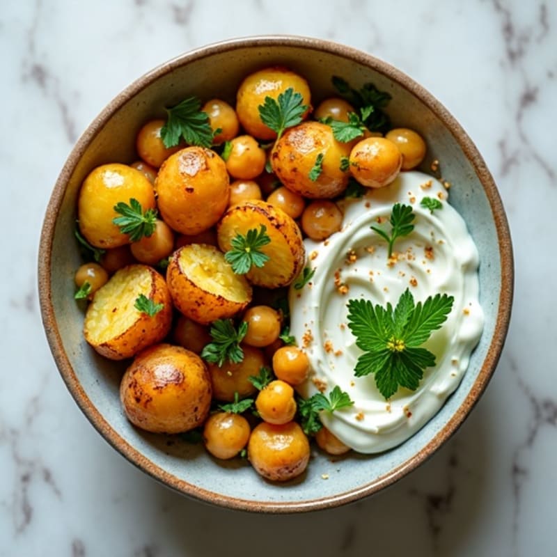 Crispy Roasted Spiced Potato and Chickpea Bowl with Fresh Mint Cilantro Chutney